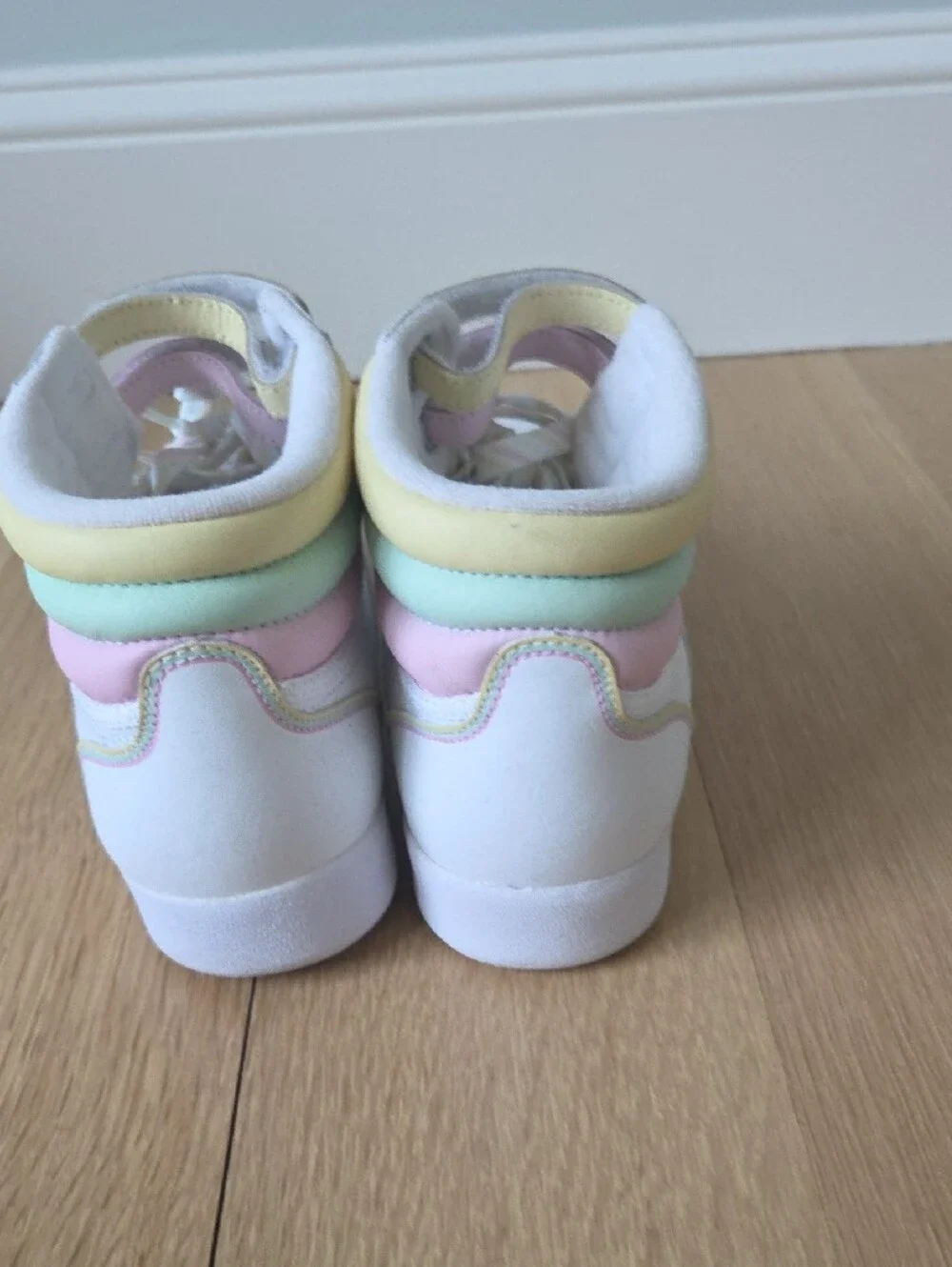 Reebok White High-Top Sneakers with Pastel Pink, Yellow & Mint Accents